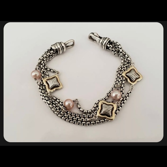 David Yurman Quatrefoil Pearls 925 Silver 18k Gold 4 Strand Chain Bracelet - Picture 4 of 7